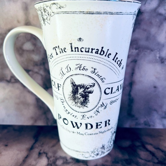 Halloween Ceramic Wolf Claw Powder Tall Coffee Mug Apothecary Druggist Label - Picture 1 of 7